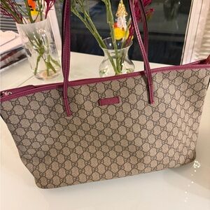 Gucci Cream and Pink Monogram Tote Bag